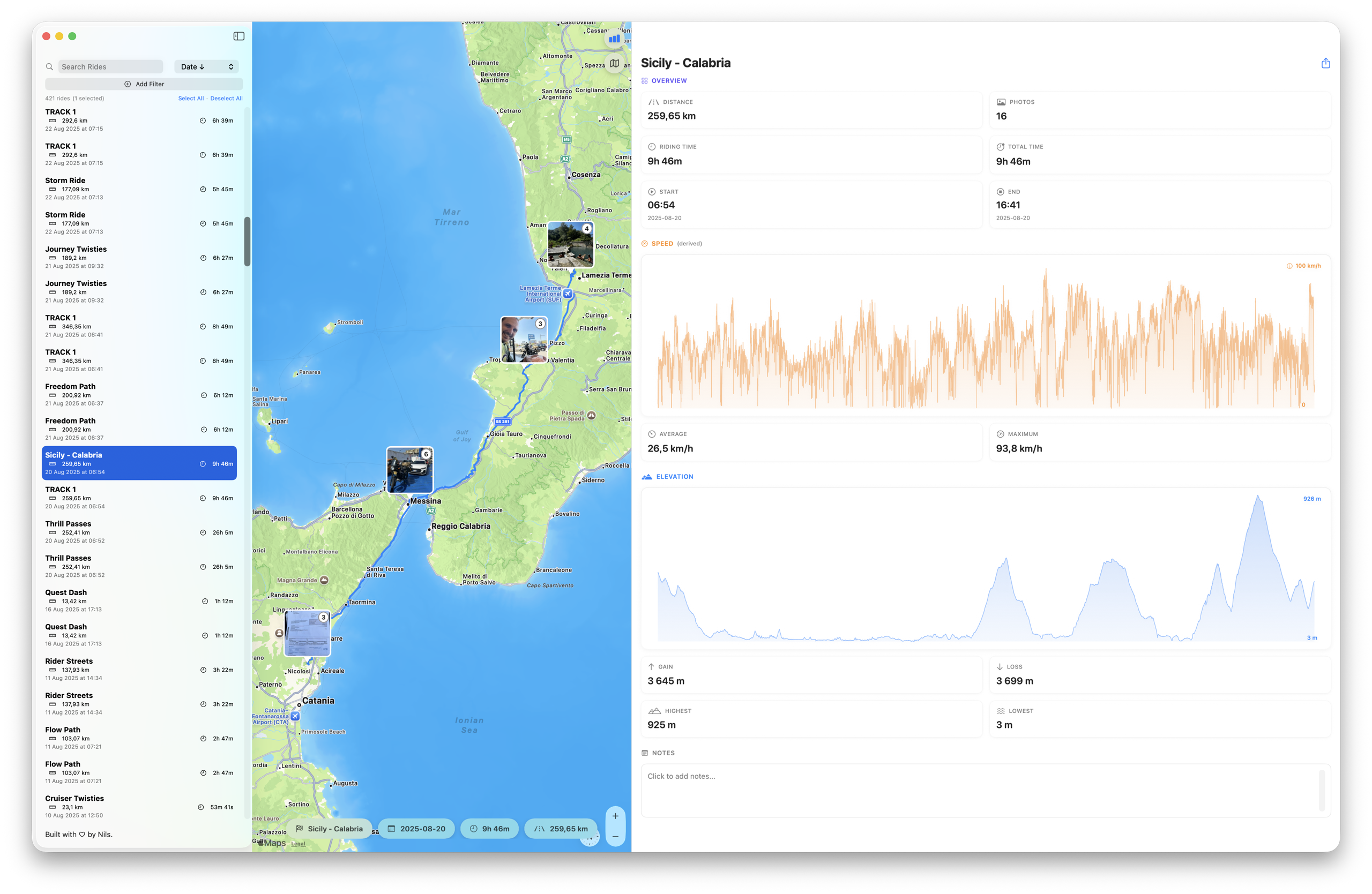 MotoFlow on macOS - the ride list with one ride selected, its route map, and a wide statistics panel showing large Speed and Elevation graphs