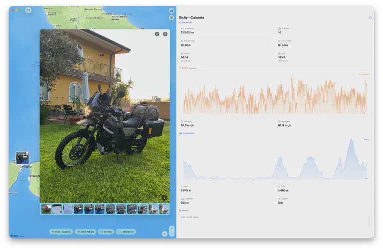 MotoFlow 3.3 on Mac in full screen - a ride photo of a motorcycle open over the route map, beside a wide statistics panel with Speed and Elevation graphs