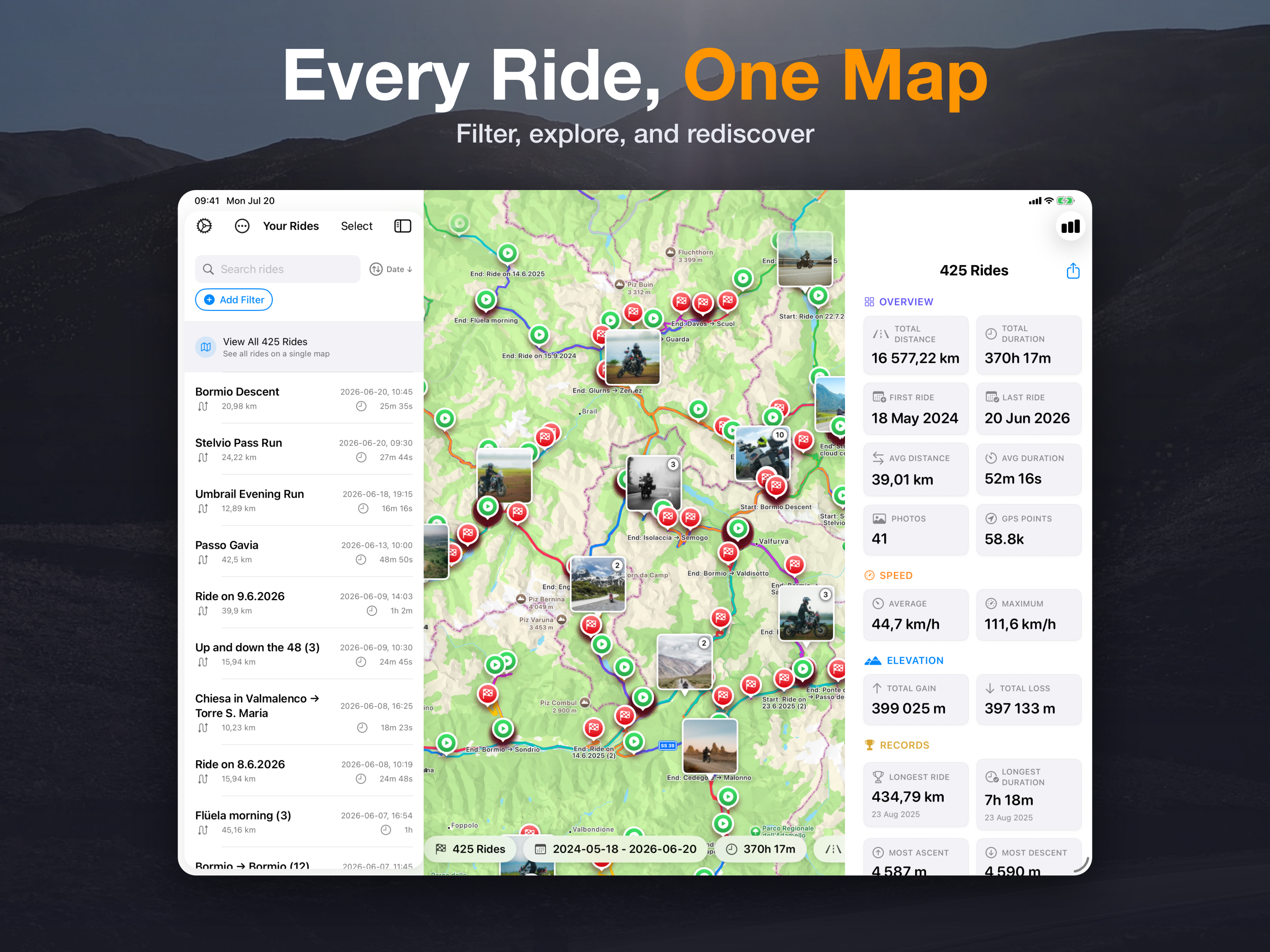 MotoFlow 4.0 on iPad — every recorded ride drawn together on one map, with the ride list in the sidebar and combined statistics beside it