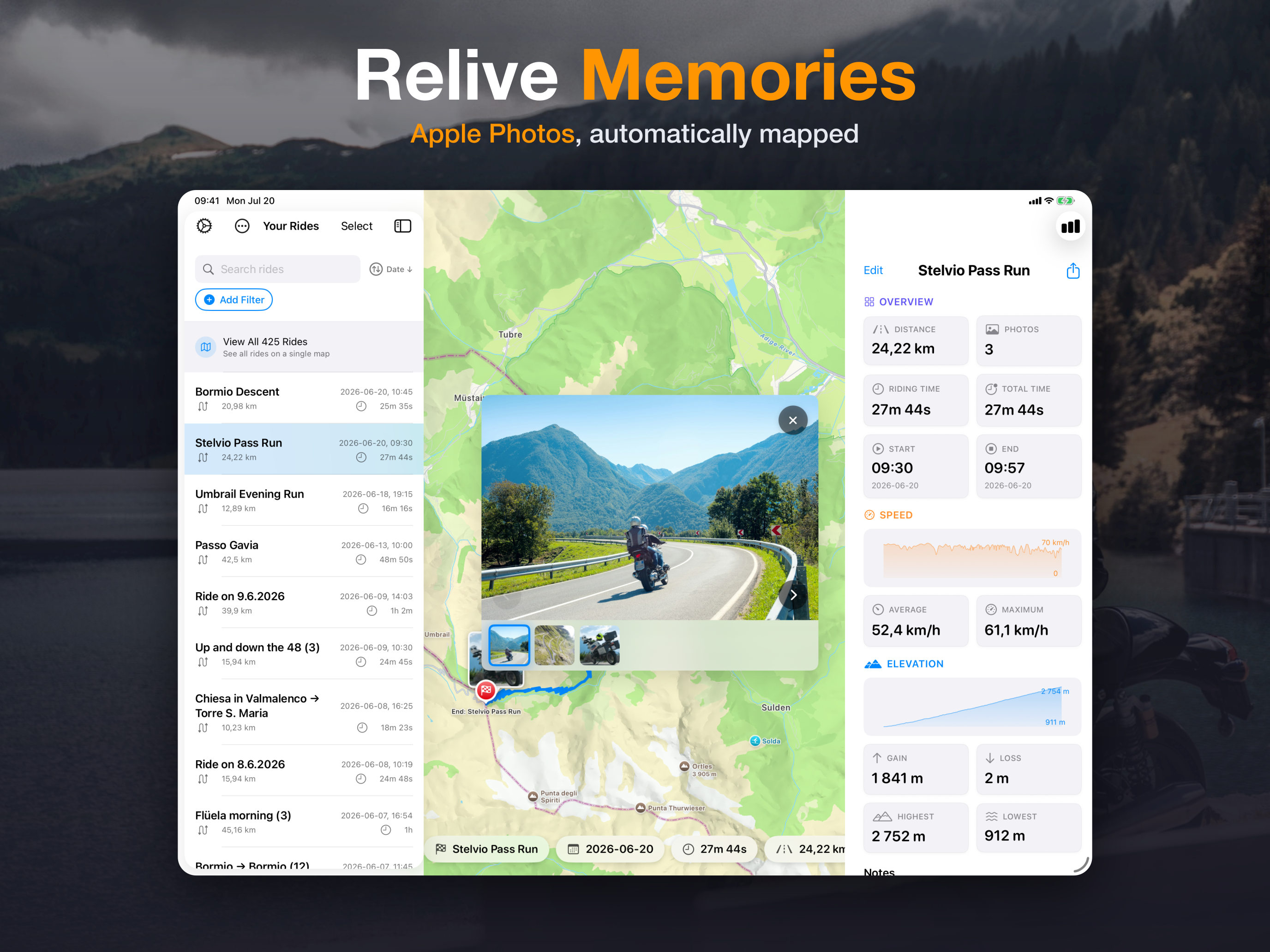 MotoFlow 4.0 on iPad — a ride photo open in a floating viewer over the route map, with the statistics panel still visible beside it