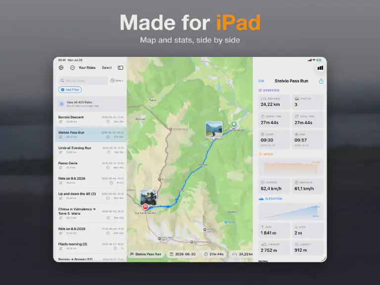 MotoFlow 4.0 on iPad — ride list in a sidebar with the route map and statistics side by side