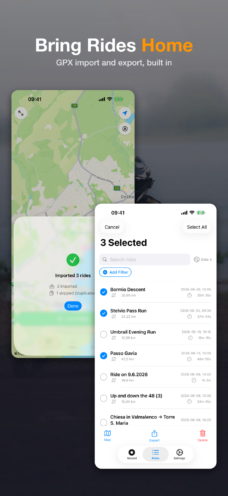 GPX import running on iPhone — MotoFlow showing import progress for a GPX file opened from Files